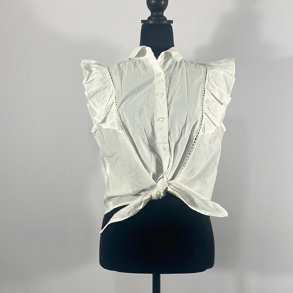 White Ruffle, button up, tie in front a shirt, Size XL